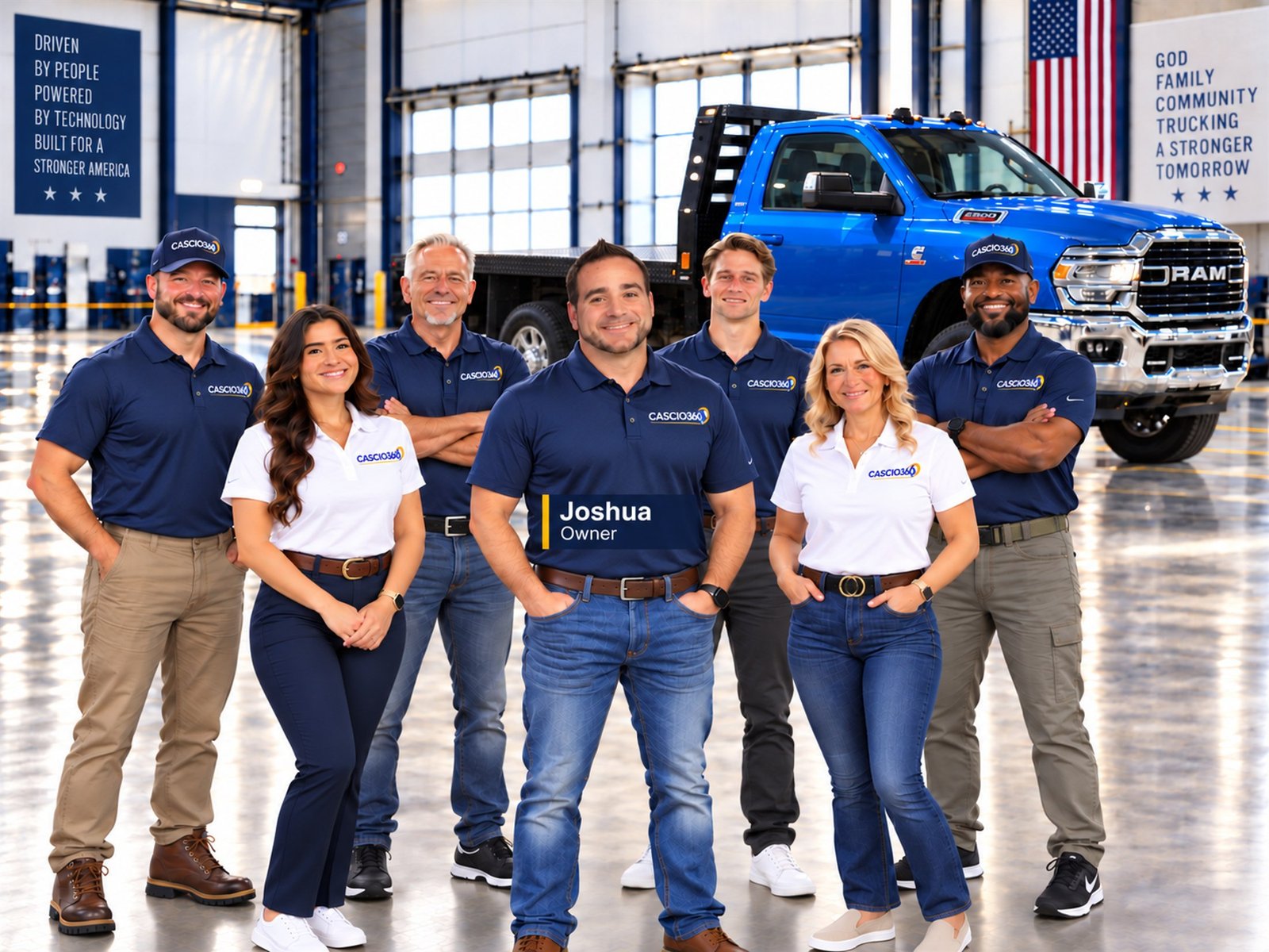 The Cascio360 family team in the shop with a blue transport truck